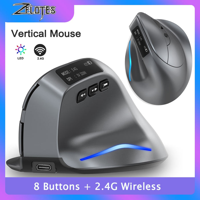 Vertical Ergonomic 3200DPI Upright Mice 8 Buttons  Rechargeable Wireless Mouse